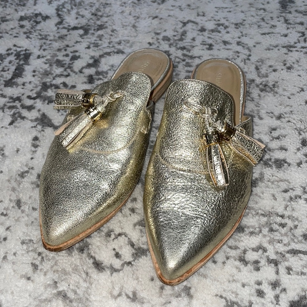 Stuart weitzman gold leather mules